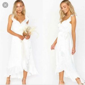Show Me Your MuMu Samantha Ruffle Wrap Dress in Ivory Luxe Satin - Size S